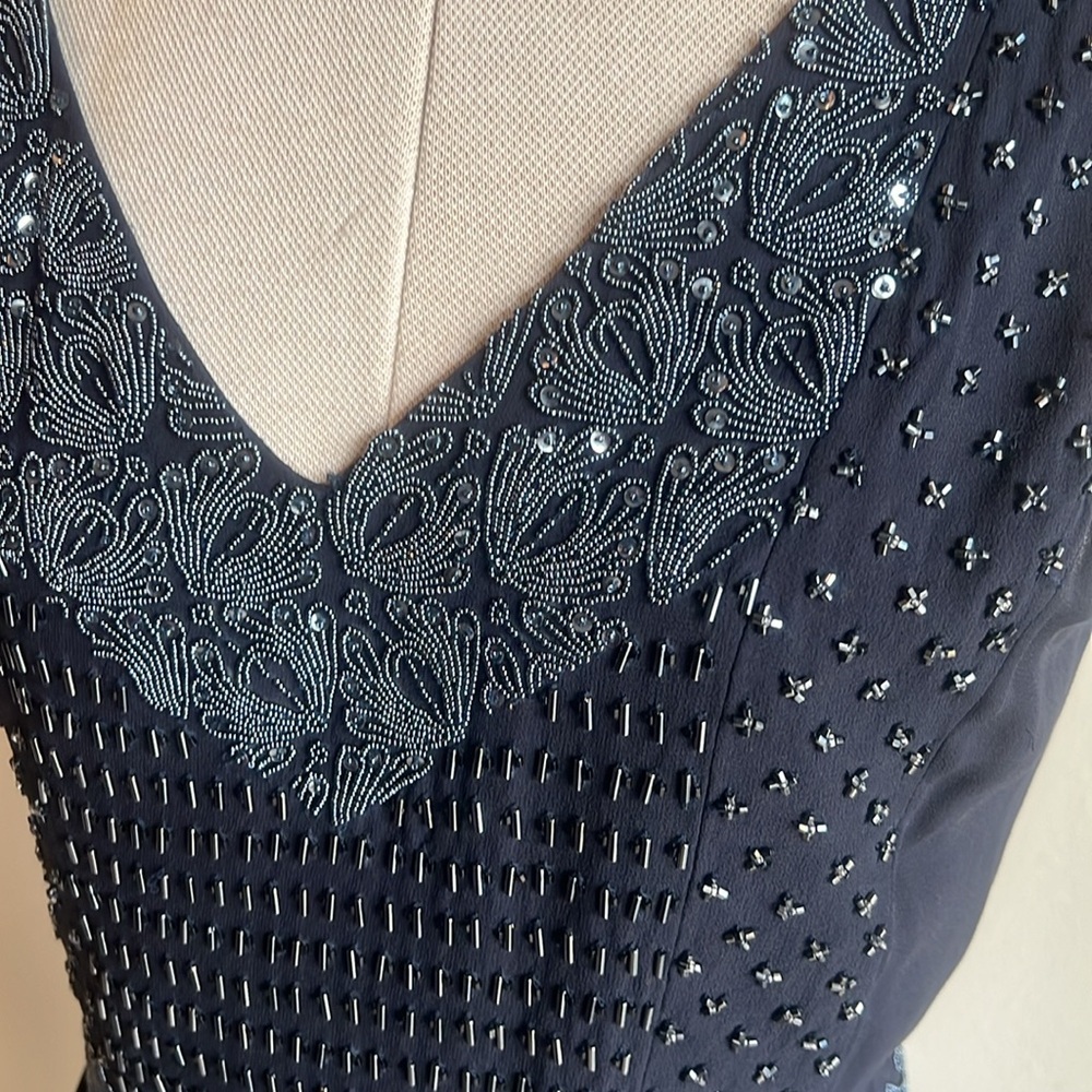 Tory Burch Silk Beaded Sequin Luxe Pleated Cocktail Dress in Navy Size 4 - Picture 4 of 16